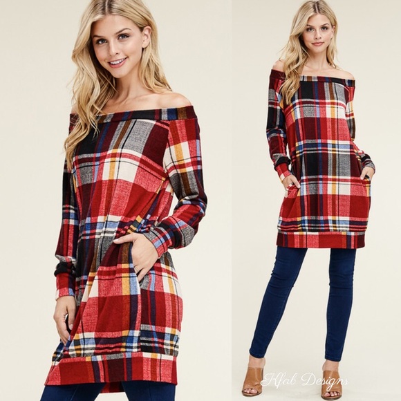 ❤️LAST ONE! Off Shoulder Plaid Tunic w/Side Pockets! - Picture 3 of 7